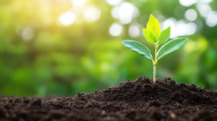 A small green plant is growing in the dirt