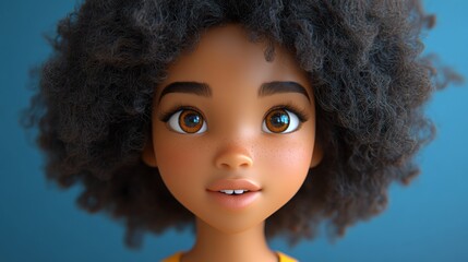 Fototapeta premium Close-up portrait of a smiling young girl with afro hair and freckles, showing a cheerful and friendly expression