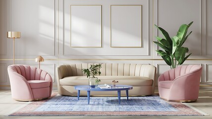 Elegant living room, pastel furniture, sunlight, calm background, interior design