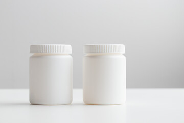 Two blank white vitamin bottles. Unlabeled white nutritional supplement jar on white backdrop, custom branding, dietary product mockup, clean medicine bottle design, health care packaging presentation