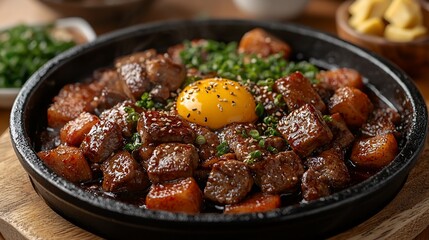 Sizzling beef cubes with potatoes and a runny egg yolk, garnished with sesame seeds and green onions, served in a hot pan.