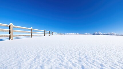 A snow covered field with a wooden fence in the background