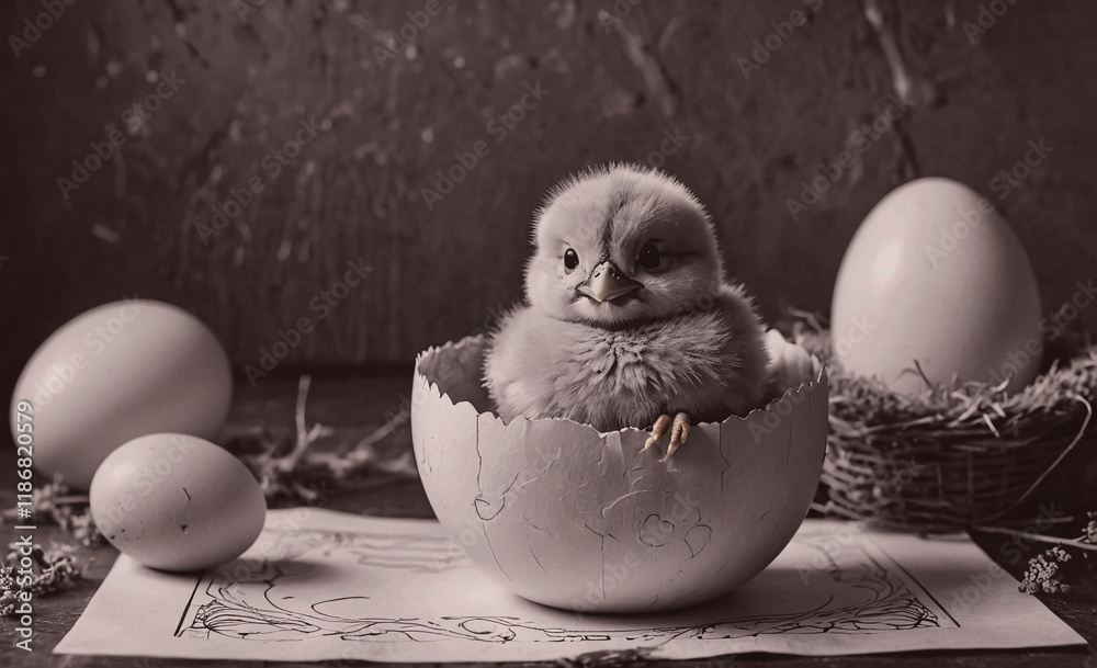Poster baby chick is sitting in an eggshell. there are two eggs on the table, one of which is cracked open