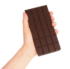 Woman hand holds a chocolate bar, isolated on transparent background, sweet food concept