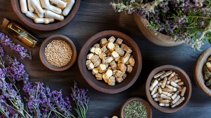 Fototapeta premium Assorted Herbal Medicine and Natural Supplements with Lavender on Rustic Wooden Table : Generative AI