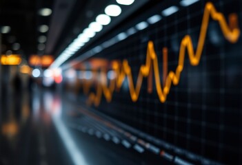 Stock chart illustrates market trends with digital data, set against a bustling city backdrop featuring vibrant lights after sunset.