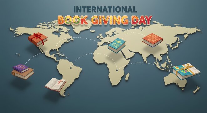 International celebration with global book exchange connecting readers worldwide in artistic flat world map style promoting cultural sharing and literacy education through gifting literature
