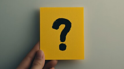 A close-up of a hand holding a yellow sticky note with a large black question mark, symbolizing curiosity and inquiry.