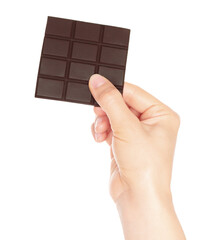 Woman hand holds a chocolate bar, isolated on transparent background, sweet food concept