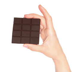 Woman hand holds a chocolate bar, isolated on transparent background, sweet food concept