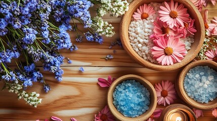Fototapeta premium Aromatherapy wellness setup with pink flowers and colorful bath salts on a rustic wooden background : Generative AI