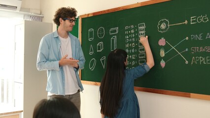 Young asian girl writing math formula at blackboard while standing at classroom. Attractive elemental student studying or learning at math lesson while answer question. Education concept. Pedagogy.