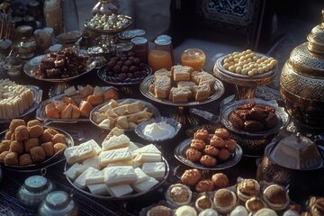 Fototapeta premium Table full of food with a variety of desserts and snacks. The table is set up for a party or gathering