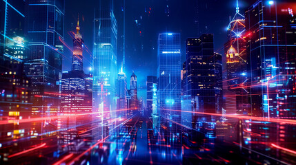 Obraz premium Futuristic cityscape at night with neon lights and digital grid patterns, showcasing advanced technology and modern urban development.
