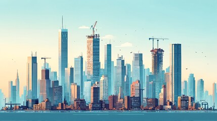 Naklejka premium A stylized depiction of a city skyline with numerous high-rise buildings and construction cranes.