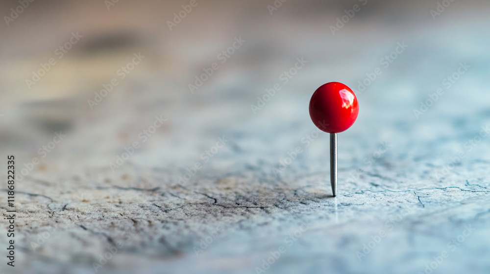Poster Red map pin on a textured surface with soft focus background