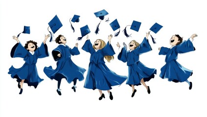 Happy students in blue gowns celebrating graduation day, throwing caps, close-up, 4K resolution, ultra-realistic, bright colors