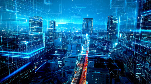 Futuristic cityscape with digital grid overlay, technology concept, night view of modern urban buildings and glowing light pathways.