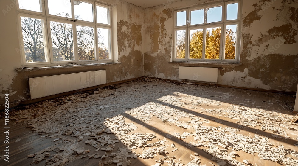 Poster Abandoned Room with Peeling Paint and Sunlight Streaming Through Large Windows in Old Building : Generative AI
