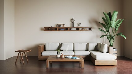 Modern minimalist living room interior design, beige walls, wooden furniture, plants