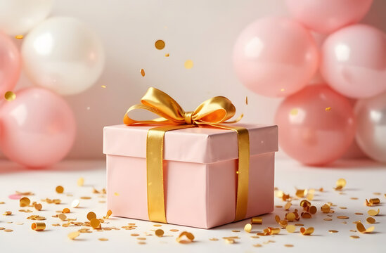 Luxury gift box with golden ribbon bow. Festive birthday background