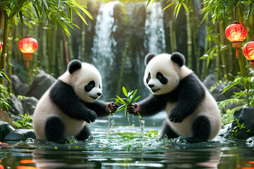 Fototapeta premium Little pandas are playing in a bamboo forest with a waterfall.