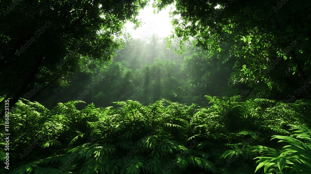 Poster sunlight filtering through lush green jungle foliage with ferns abundant : generative ai