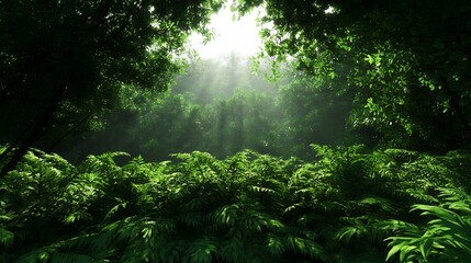 Fototapeta premium Sunlight Filtering Through Lush Green Jungle Foliage with Ferns Abundant : Generative AI