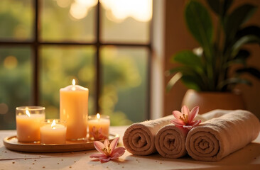 Luxurious spa background with candles, rolled towels and flowers. Large window and potted plant in the background, mocha mousse walls.