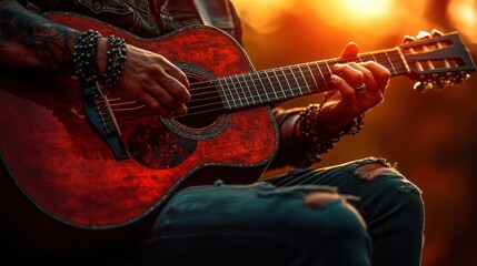 Obraz premium Close-Up View of Hands Playing Acoustic Guitar Against a Stunning Sunset Background, Highlighting Music Passion and Artistic Expression in an Outdoor Setting