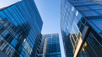 Low angle photo of modern glass skyscrapers under a clear blue sky : Generative AI