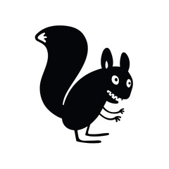 Vector funny cartoon squirrel in black and white silhouette. Minimalist animal illustration is ideal for playful, wild, or quirky projects