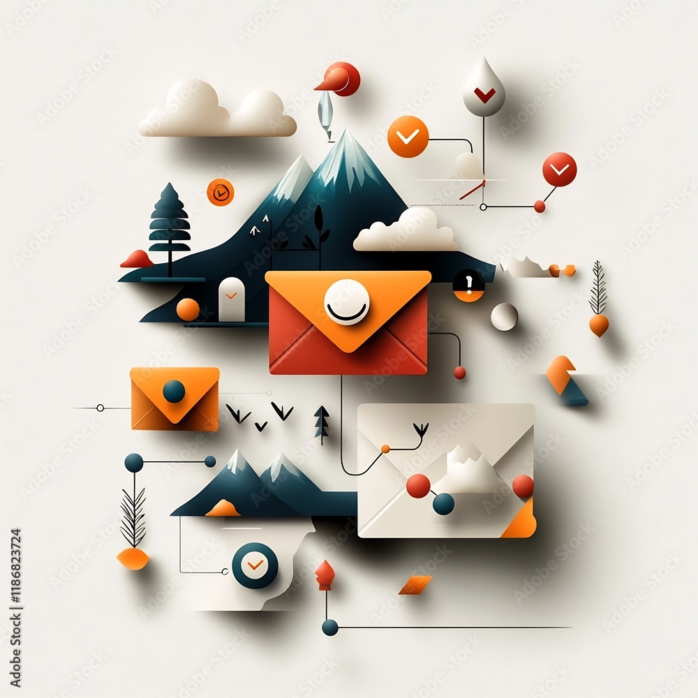 Poster This digital showcases an interconnected virtual ecosystem with freehand drawn user characters dynamic linking arrows and abstract organic compositions featuring symbolic envelope motifs