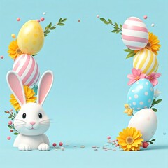 Easter greeting card with a cheerful design: pastel blue background, decorated eggs, a cute bunny, colorful spring flowers, and greenery. Perfect for celebrating the spirit of Easter and spring.