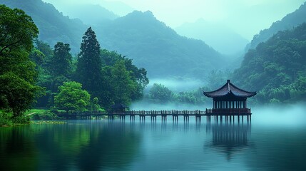 Fototapeta premium Serene misty lake with pavilion and lush green mountains.
