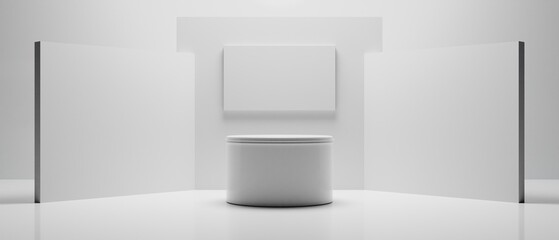 Fototapeta premium 3d booth kios illustration rendering, Exhibition podium pedestal stand event stage for mockup a Display design, trade show for retail product on white background