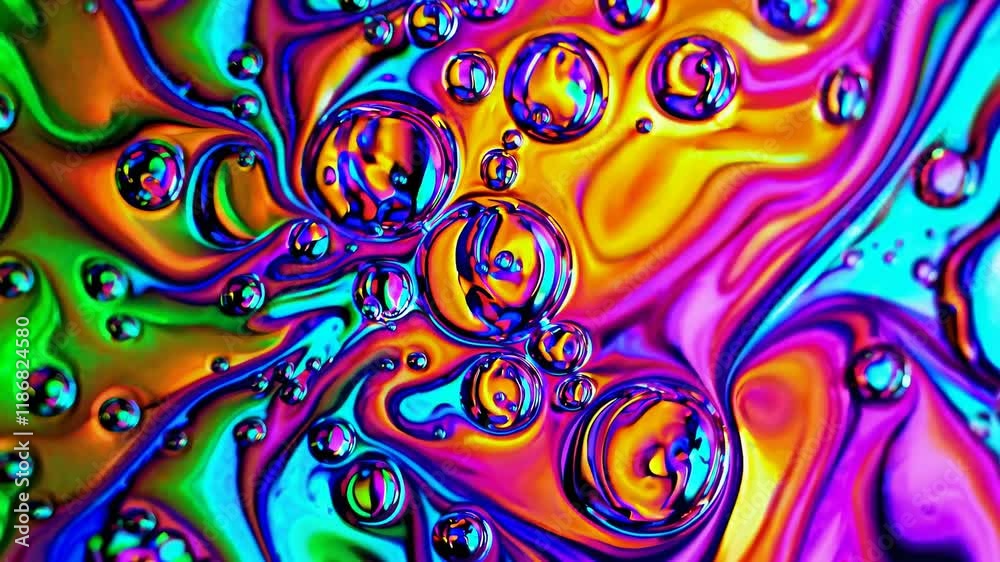 Poster colorful abstract liquid patterns with bubbles creating mesmerizing visuals in a vibrant display