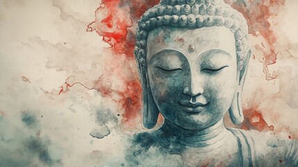 The Buddha's serene face and intricately coiled hair are depicted against a backdrop of subtle red accents.