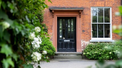 Classic Brick House Front Door with Lush Garden Ivory Flowers and Green Foliage for Home Design Inspiration : Generative AI