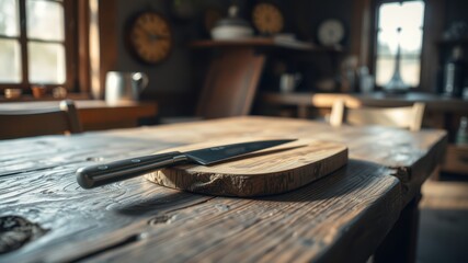 A single chef's knife rests on a rustic wooden cutting board, bathed in warm sunlight streaming through a window,  a testament to simple culinary preparations.