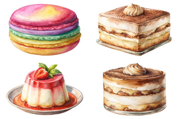 Colorful macarons, creamy tiramisu, vibrant panna cotta, delicious desserts, watercolor style, food illustration, sweet treats.