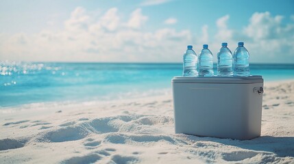 Naklejka premium Cool water bottles in cooler on beach.