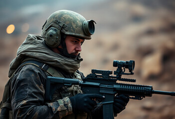 Fototapeta premium Modern soldier focuses intently while aiming a firearm in a combat environment amidst ongoing operations and challenges.