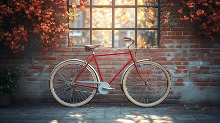 Fototapeta premium Red bicycle leans against brick wall autumn leaves