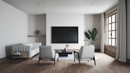 Fototapeta premium Minimalist living room interior design, modern furniture, large screen TV, natural light
