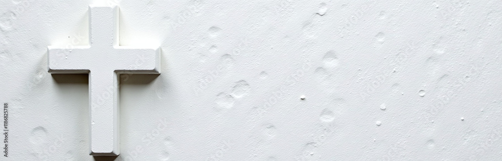 Poster a white stone cross is prominently displayed against a textured background of rough white stones in 