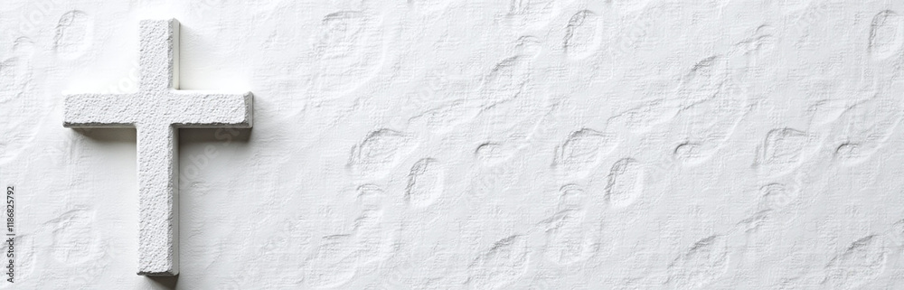 Poster a white stone cross is prominently displayed against a textured background of rough white stones in 