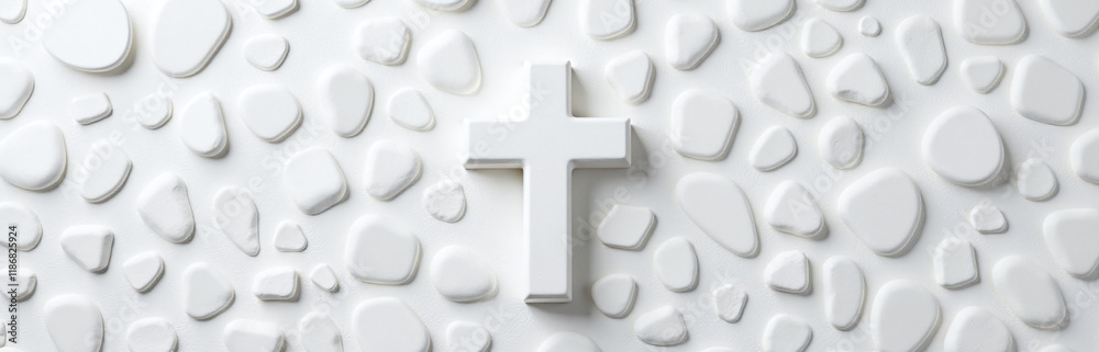 Poster a white stone cross is placed atop a textured background made of similar white stones in an elegant 