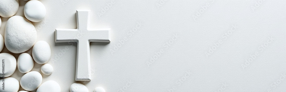 Poster a white stone cross is placed atop a textured background made of similar white stones in an elegant 