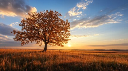 Obraz premium Solitary tree in golden field at sunset capturing serene and breathtaking autumn landscape : Generative AI